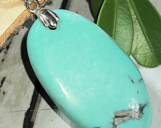Natural High Grade Arizona Kingman Turquoise Cabochon Sterling Silver Pendant Custom Bail 1 3/4" x 7/8" EM36