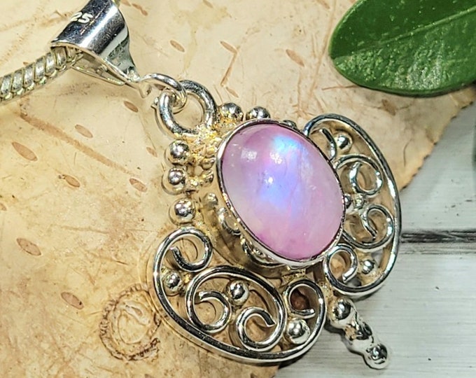Natural Flashy Pink Rainbow Moonstone Handmade .925 Sterling Silver Pendant 1 1/4" x 3/4" 4 Grams AS21