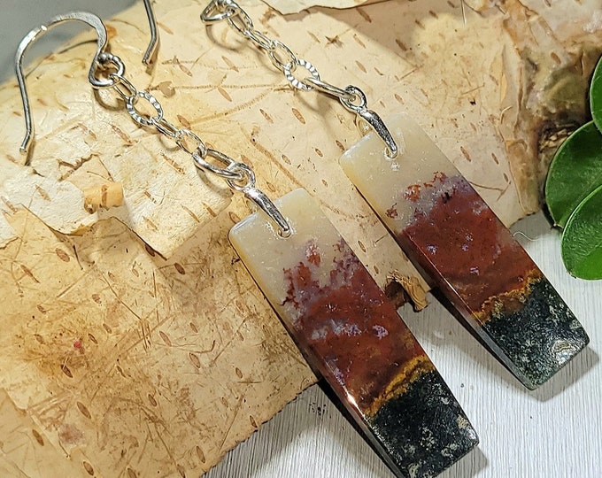 Natural Rare Multi Color Opalized Wood Cabochon  .925 Sterling Silver Chain Dangle Earrings 2 5/8" x 3/8" AP04