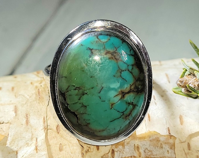 Natural High Grade Tibet Turquoise Handmade .925 Sterling Silver Ring Size 8 8 Grams Face 1" x 3/4" AM06
