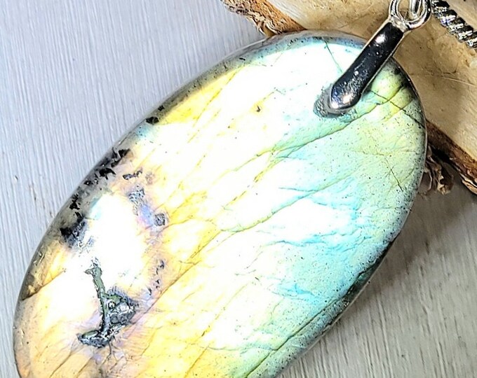 Natural Multi Flash Labradorite Oval Cabochon .925 Sterling Silver Pendant  1 7/8" x 7/8" EG35 Sterling Silver Bail