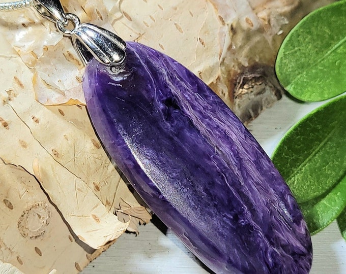 Natural AAA Charoite Oval Cabochon .925 Sterling Silver Pendant 2 1/8" x 5/8" EW17 Sterling Silver Rhodium Plated Bail, Resist Tarnishing