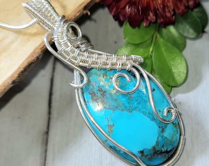 Natural AAA Kingman Turquoise wire wrapped .925 Silver Pendant, Sterling Silver Wire Wrapped pendants, Handmade Stone Jewelry CV09