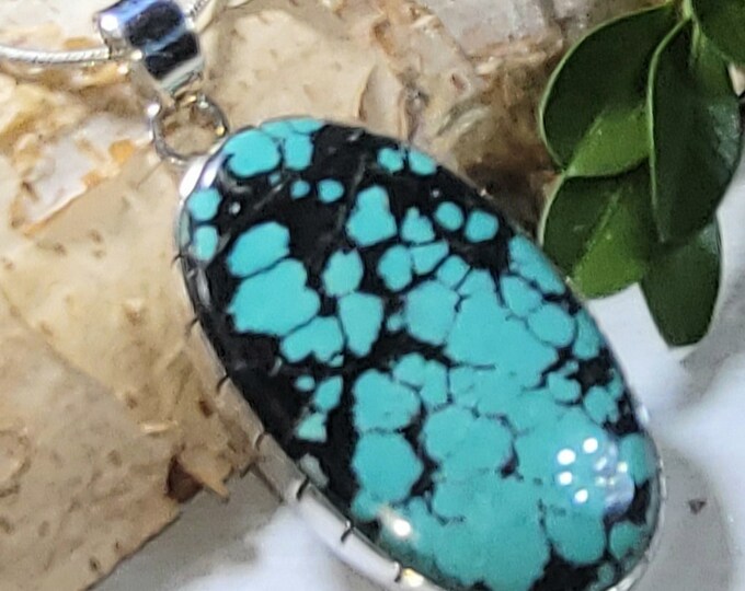 Natural AAA Grade Tibet Turquoise .925 Sterling Silver Pendant 10 grams  2" x 15/16" AF34 Greenish Blue