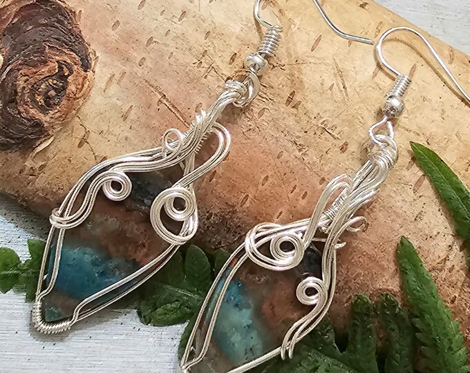 Blue Opalized Earrings, Opalized Sterling Silver Wire Wrapped Earrings, Petrified Wood Earrings, Hand Wrapped Earrings, Gift for Her FS15