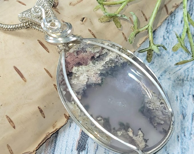 Natural Moss Agate Pendant,  Wire Wrapped .925 Silver Pendant, Sterling Silver Wire Wrapped pendants, Handmade Stone Jewelry JG14