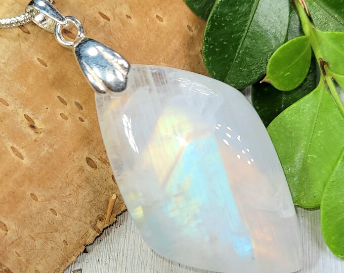 Moonstone Pendant, Rainbow Moonstone Freeform Cabochon Sterling Silver Pendant, Multi Flash Moonstone, Gift for Her, Handmade Pendant, FS58