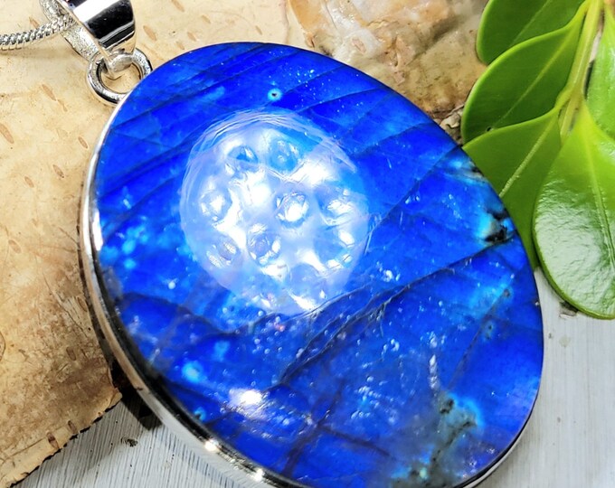 Natural Premium Grade Blue Full Flash Labradorite Oval Handmade .925 Sterling Silver Pendant 2" x  1 1/4" 20 Grams CB07