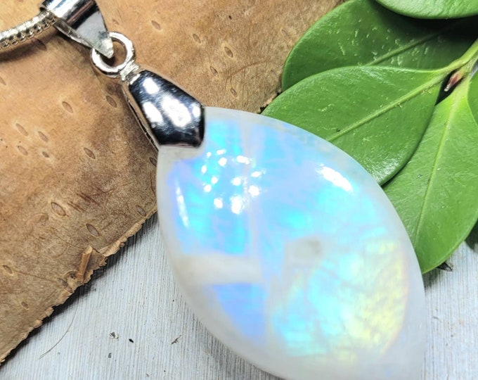 Moonstone Pendant, Multi Flash Moonstone Marquise Cabochon Sterling Silver Pendant, Gift for Her, Handmade Pendant, FL23