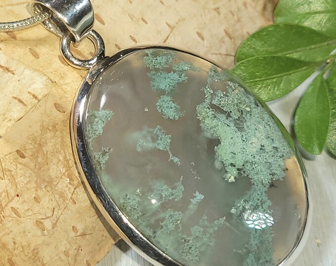 Natural Exquisite Green Moss Agate Oval Handmade .925 Sterling Silver Pendant 1 7/8" x 7/8" 12 Grams AR26