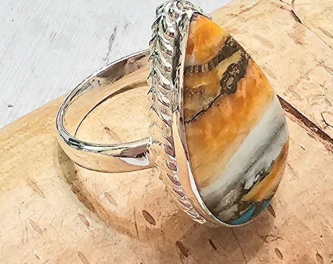 Spiny Oyster Turquoise Ring with Copper, Spiny Oyster Turquoise .925 Sterling Silver Ring, Size 7.75 Spiny Oyster Turquoise Ring.