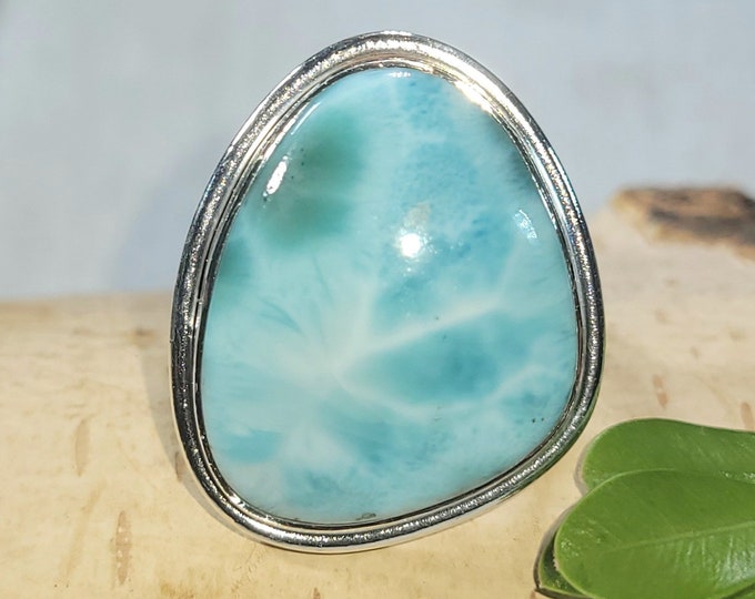 Natural AAA Quality Dominican Republic Larimar Freeform Shape .925 Sterling Silver Ring Size 8 Genuine Stone Gift for Her