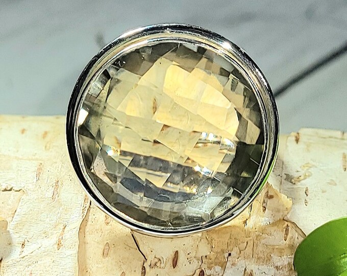Natural Rose Cut Green Amethyst  .925 Sterling Silver Ring Size 8 8 Grams 7/8" Round AJ41 Completely Eye Clean