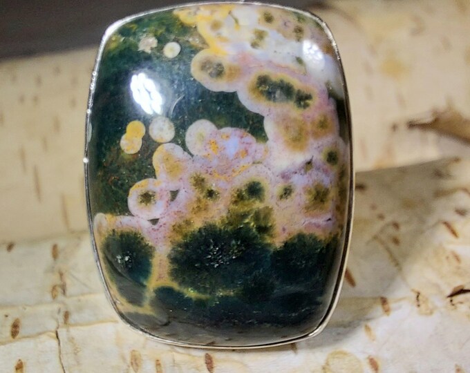 Natural Premium Grade Ocean Jasper Ring, Genuine Ocean Jasper Ring set in .925 Sterling Silver, Size 7 3/4