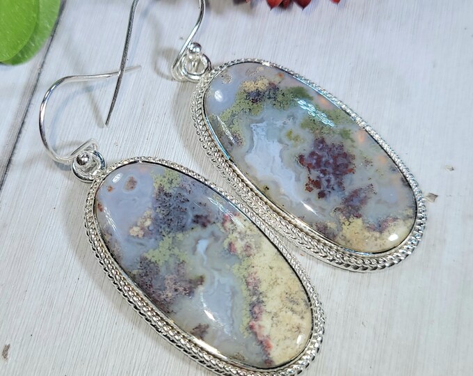 Natural High Grade Moss Agate Oval Handmade .925 Sterling Silver Earrings 14 Grams 2" x 3/4" CS28 Gift for Her