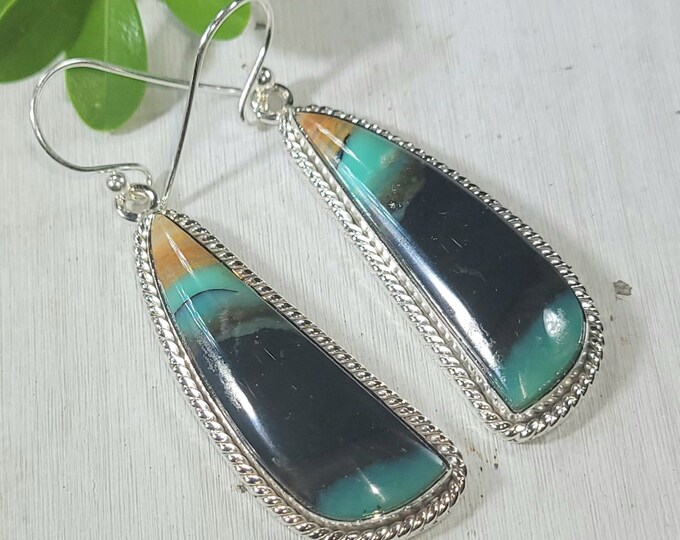 Natural Rare Premium Grade Blue Opalized Wood Handmade .925 Sterling Silver Earrings 11 Grams 2 1/8" x 5/8" CM02 Gift for Her Genuine Stones