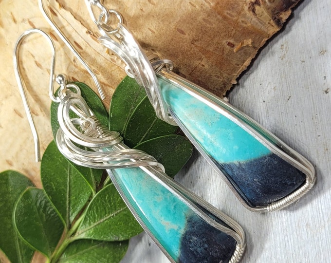 Blue Opalized Earrings, Opalized Sterling Silver Wire Wrapped Earrings, Petrified Wood Earrings, Hand Wrapped Earrings, Gift for Her DT21