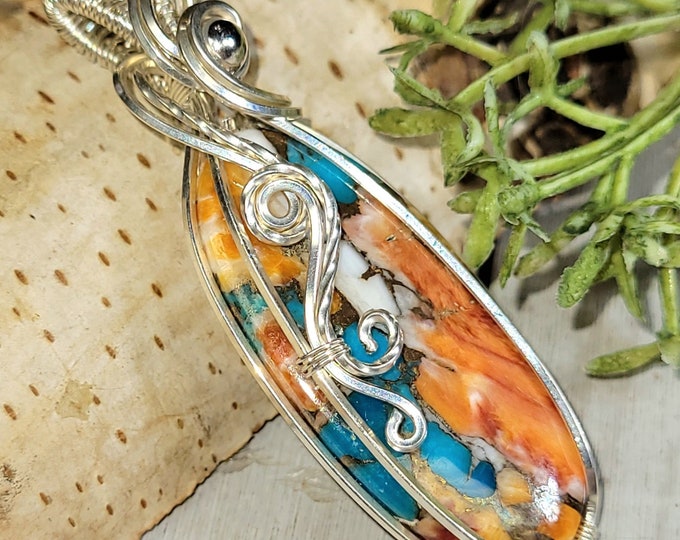 Natural Spiny Oyster Copper Turquoise Wire Wrapped Sterling Silver Pendant, Turquoise Wire Wrapped Pendant, Handmade Turquoise Pendant, HG26