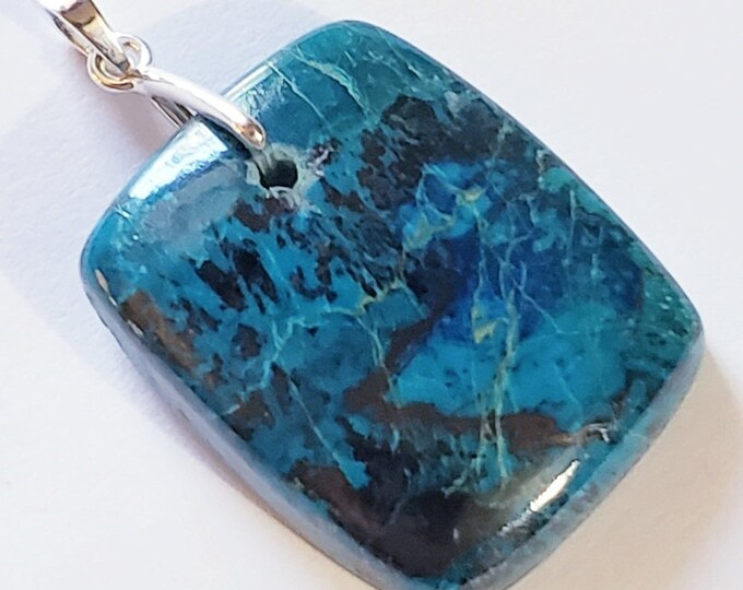 Natural AA African Chrysocolla Rectangle Cabochon .925 Sterling Silver Pendant 1 3/4" x 1" EA26 Heavy Duty Sterling Silver Bail