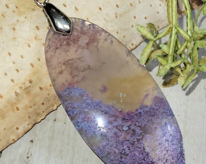 Moss Agate Pendant, Purple Moss Agate Sterling Silver Pendant, Handmade Moss Agate Pendant, Statement Pendant, Gift for Her, HA06