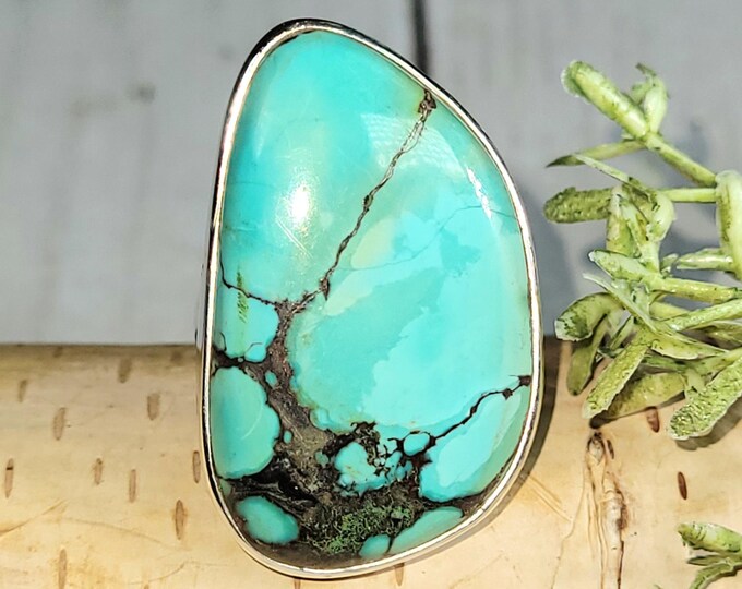 Natural Tibetan Turquoise Sterling Silver Ring, Turquoise Boho Ring, Statement Ring; Handmade Ring, Premium Tibet Turquoise Ring Size 7.5 HP