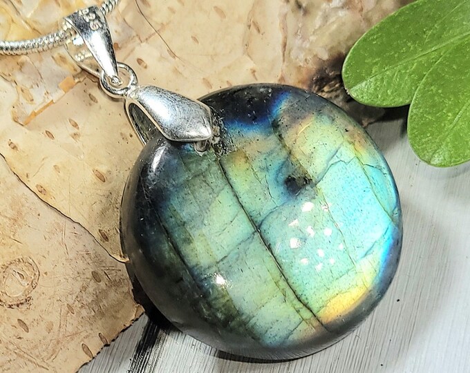 Natural Full Flash Labradorite Cabochon .925 Sterling Silver Pendant 1 1/2" x 1" AD19 Solid Sterling Silver Bail