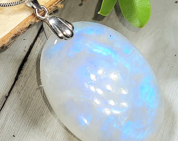 Natural Top Quality Rainbow Moonstone Oval Cabochon .925 Sterling Silver Pendant "Rhodium Plated Sterling Silver Bail"  1 7/8" x 1" EM02