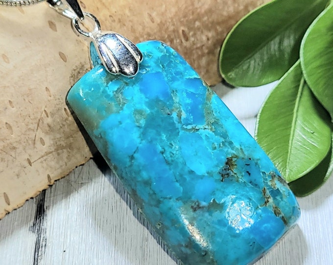 Natural AAA Grade Arizona Kingman Turquoise Rectangle Cabochon .925 Sterling Silver Pendant Rhodium Solid Sterling Silver Bail Gift for Her