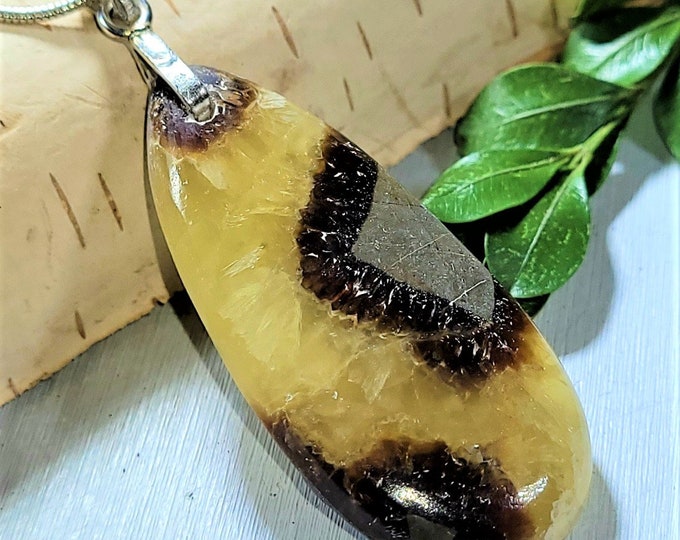 Natural Top Grade Yellow Septarian Pear Cabochon .925 Sterling Silver Pendant 2 3/8" x 7/8" CK28 Sterling Silver Bail Gift for Her