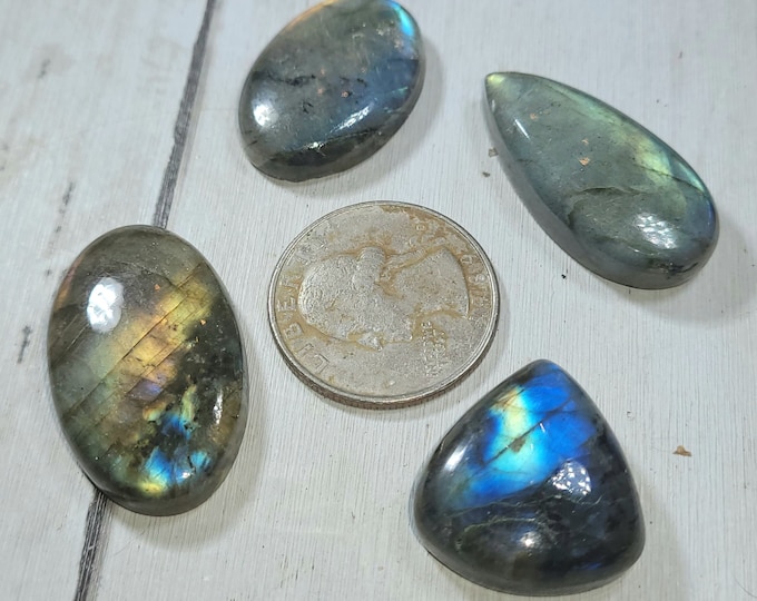 Natural Multi-Flash Labradorite Mixed Cabochons 130ct 4 Stone Lot Wire Wrapping, Weaving, Pendant or Ring AR28