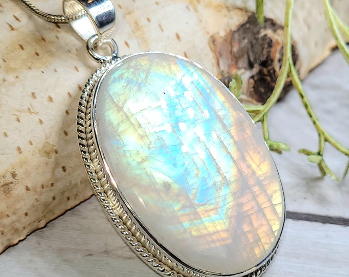 Moonstone Pendant, Rainbow Moonstone Oval Cabochon Sterling Silver Pendant, Blue Color Flash, Gift for Her, Handmade Pendant, GJ23