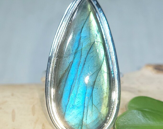 Natural High Grade Blue Flash Pear Labradorite Handmade .925 Sterling Silver Ring Size 7.5 Full Blue Flash Great Gift for Her