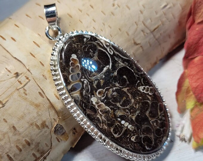 Natural High Grade Turritella Agate Handmade Oval .925 Sterling Silver Pendant 2 3/8" x 1 1/8" 18 Grams CU19 Gift for Her