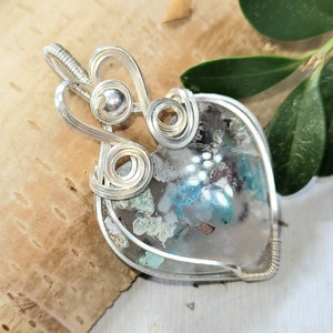 Natural Chalcedony, Copper Chrysocolla Heart Wire Wrapped .925 Silver Pendant, Sterling Silver Hand Wire Wrapped Pendants, Handmade DU13