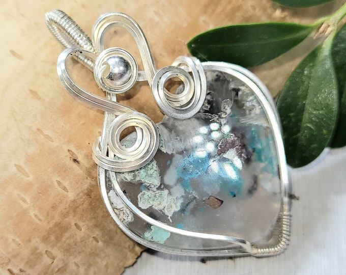 Natural Chalcedony, Copper Chrysocolla Heart Wire Wrapped .925 Silver Pendant, Sterling Silver Hand Wire Wrapped Pendants, Handmade DU13