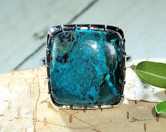 Natural Rare Shattuckite Handmade Cushion .925 Sterling Silver Ring Size 9 6 Grams Face 5/8" x 11/16" AT36