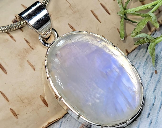 Moonstone Pendant, Rainbow Moonstone Oval Cabochon Sterling Silver Pendant, Blue Color Flash, Gift for Her, Handmade Pendant, JD06