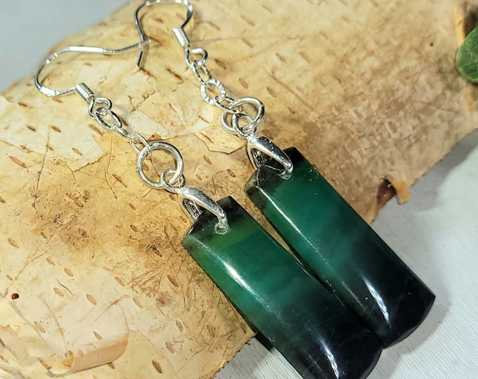 Natural Rare Multi Color Opalized Wood Rectangle Cabochon  .925 Sterling Silver Diamond Cut Chain Dangle Earrings 2 1/2" x 716" CG12