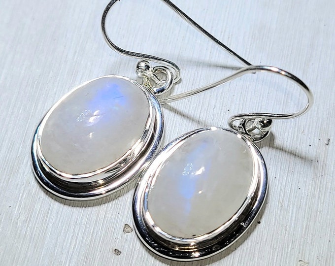 Natural Premium Grade Blue Flash Moonstone .925 Sterling Silver Earrings 7 Grams 1 3/8" x 5/8" EZ10