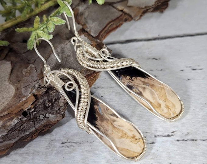 Natural Palm Wood Jasper Pear Wire Wrapped .925 Silver Earrings, Sterling Silver Wire Wrapped Earrings, Handmade Stone Jewelry CY30