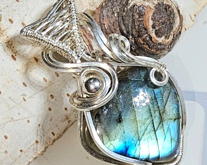 Natural Multi Color Labradorite Hand Wrapped Sterling Silver Pendant 1 1/2" x 3/4" 8.2gr GD27, Handmade Sterling Silver Wire Wrapped Pendant