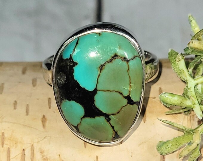 Tibetan Turquoise Ring, Boho Ring, Sterling silver ring, Statement ring,Premium Tibet Turquoise, Quality Ring Size 6.75 HP Asymmetrical Ring