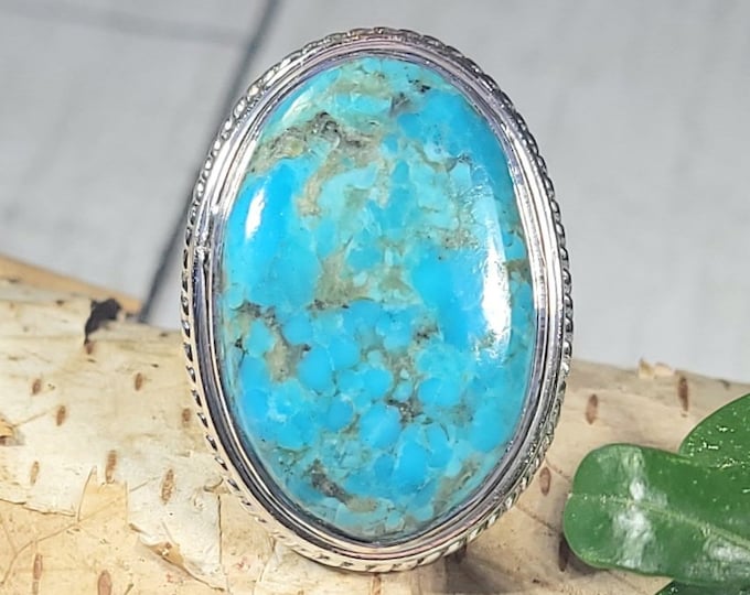 Natural Best Grade Arizona Kingman Turquoise .925 Sterling Silver Ring Size 8 Weighs 9 Grams Face Measures 1 1/8" x 13/16" CF24