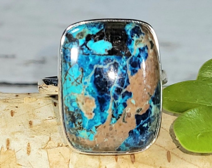 Natural High Quality Shattuckite Handmade Rectangle .925 Sterling Silver Ring Size 8.5 7 Grams Face 7/8" x 5/8" CD27