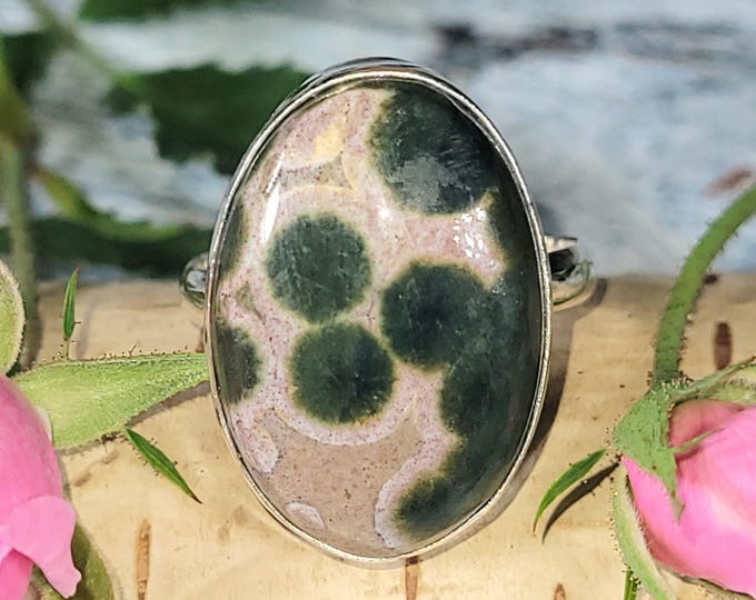 Natural Premium Grade Ocean Jasper Ring, Genuine Ocean Jasper Ring set in .925 Sterling Silver, Size 8.75