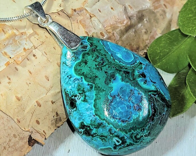 Natural High Grade Chrysocolla Malachite Cabochon .925 Sterling Silver Pendant 1 7/8" x 1" 9 Grams AC36 Sterling Silver Bail Heavy Duty