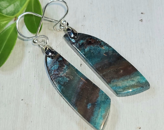 Natural Premium Multi Color Opalized Wood Handmade Cabochon  .925 Sterling Silver Earrings 2" x 7/16" CJ20 Gift for Her Genuine Stone