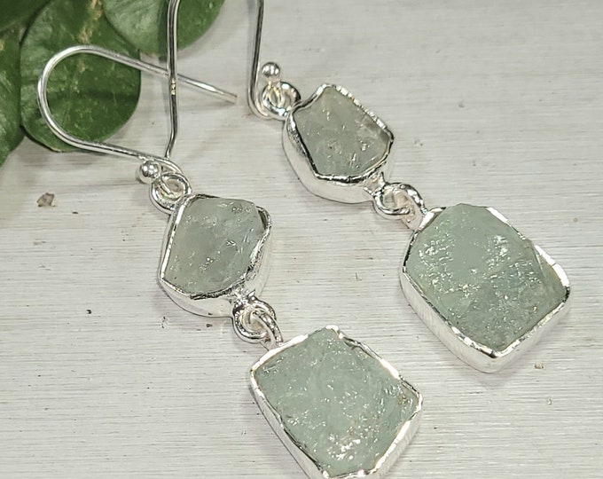 Natural Raw Rough Cut Aquamarine 2 Stone Handmade .925 Sterling Silver Dangle Earrings 7 Grams Mother's Day Gift or Gift for Her