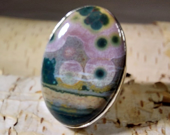 Natural Premium Grade Ocean Jasper Ring, Genuine Ocean Jasper Ring set in .925 Sterling Silver, Size 8