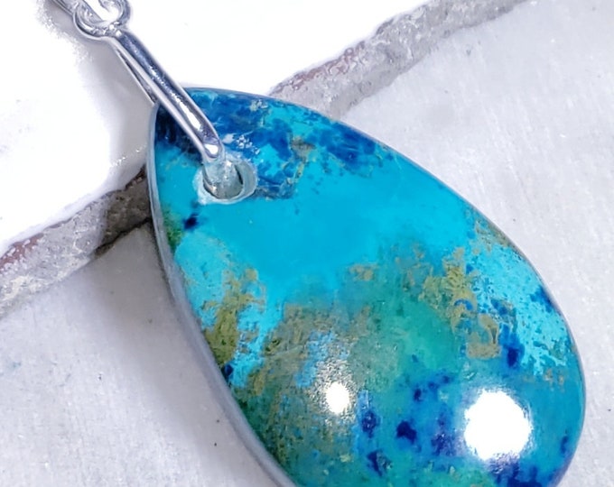 Natural AAA Chrysocolla W/Azurite Oval Cabochon .925 Sterling Silver Pendant EB16 2" x 7/8" Heavy Duty Sterling Silver Bail
